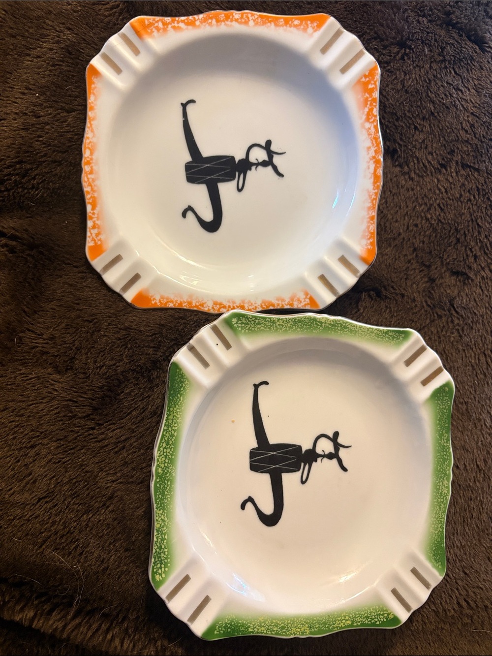 Ceramic Ashtray with Orange and Green Trim - Set of 2